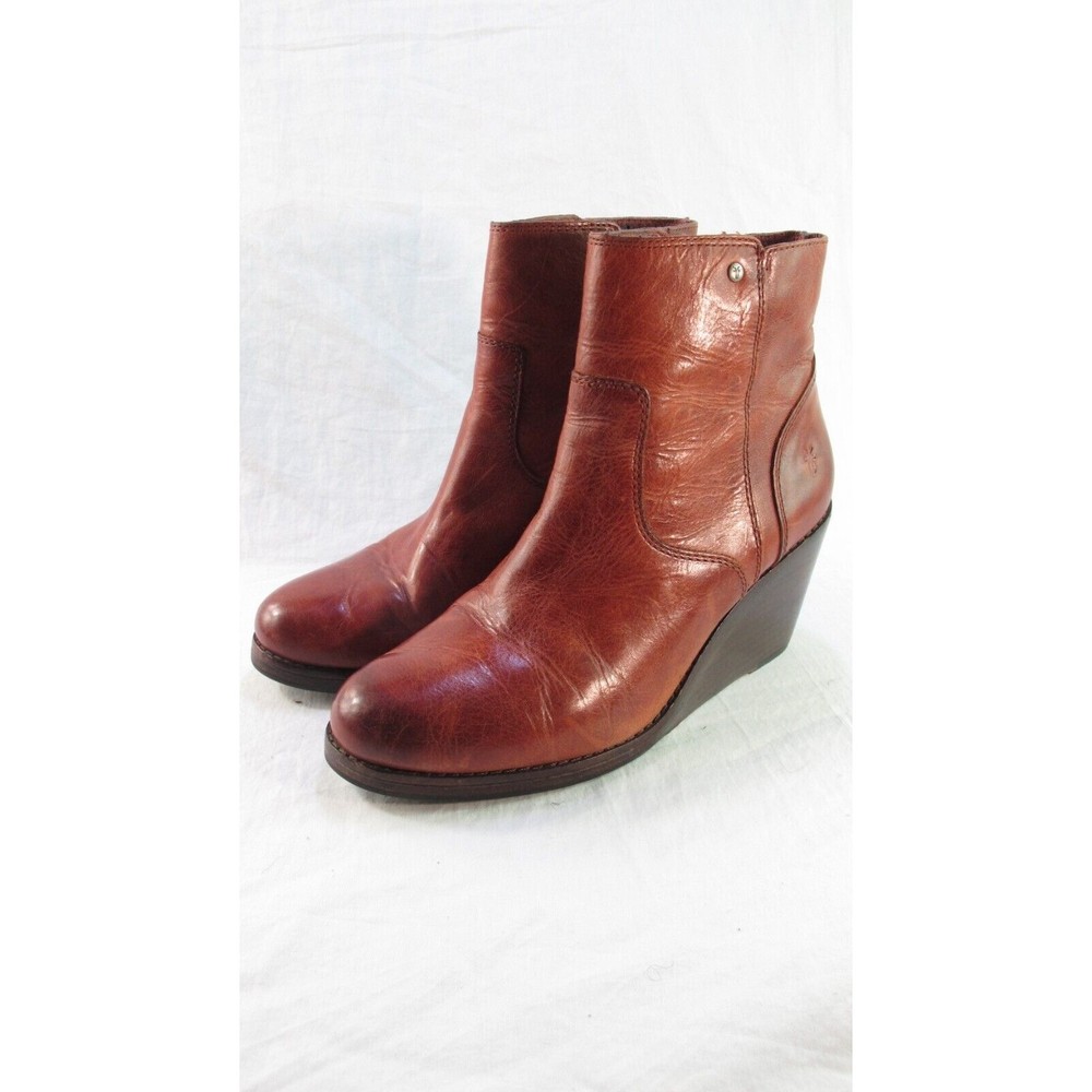 Frye Wedge Heel Ankle Boots Cognac Brown Leather Size 7 M- fits like a 6 - Picture 5 of 8